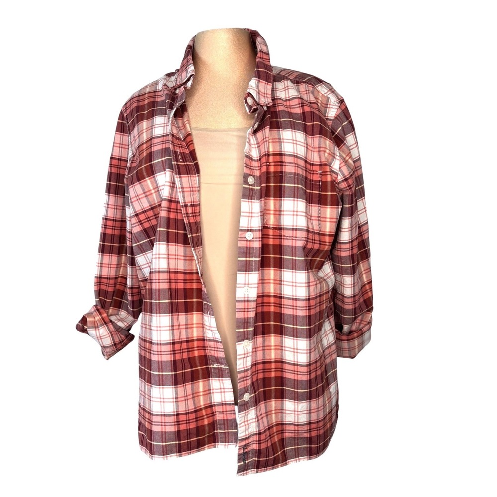 LL Bean Womens Red White Plaid Organic Cotton Button Down Shirt 506581 Large
